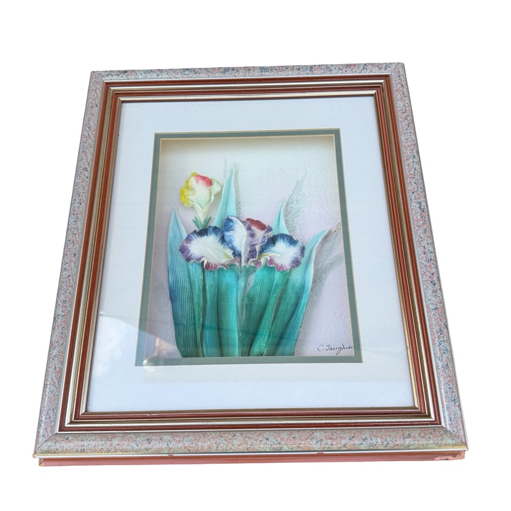 Vintage C Tsonghwa Signed 3D Floral Sculpture Framed Art Iris Flower Relief